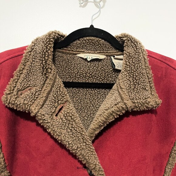 LL Bean Womens Faux Suede Sherpa Lined Coat Sz M Red Cabincore Apres Ski Lodge - Picture 3 of 8